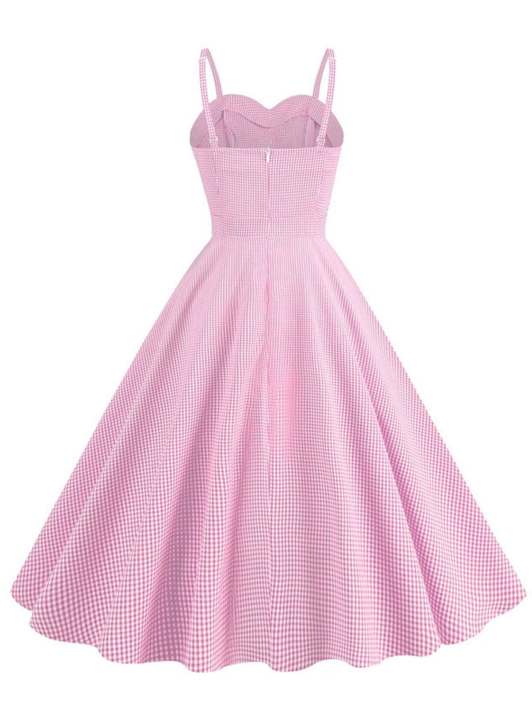 Robe trapèze boutonnée à bretelles spaghetti et carreaux des années 1950