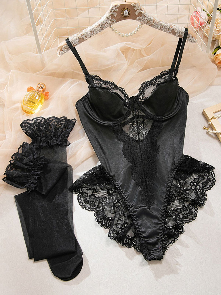 Nuisette noire en satin dentelle armatures bas assortis années 1980