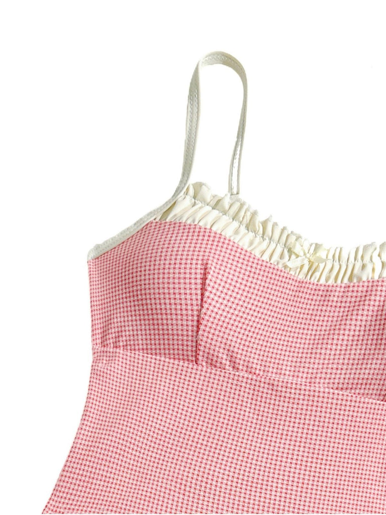 Ensemble De Tankini Bords Dentelle À Carreaux Rouge Année 1950