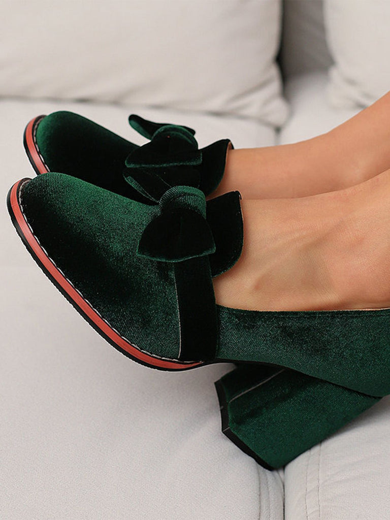 Chaussures à talons carrés en velours uni avec nœud papillon