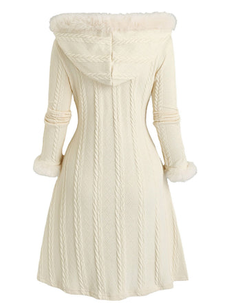 [Grande Taille] Manteau à capuche en maille ivoire bordée de fourrure des années 1950