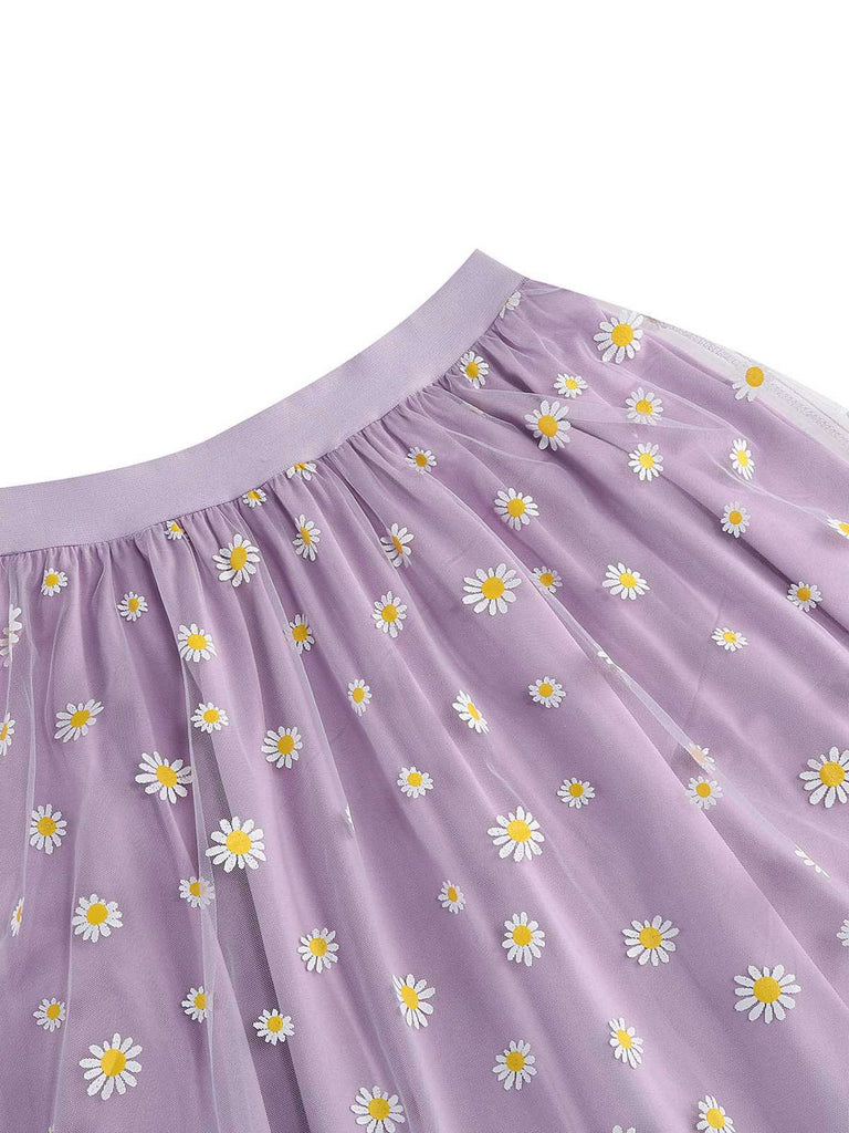 Jupe trapèze taille haute en maille marguerite des années 1940
