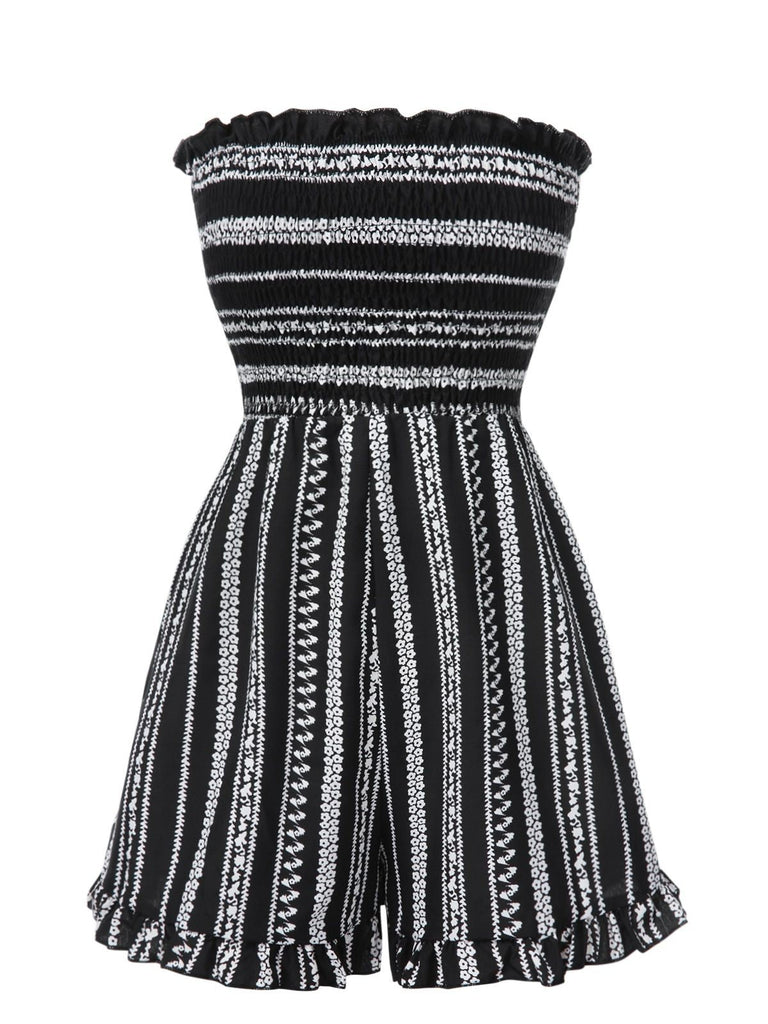 Combishort noire à rayures sans bretelles style bohème des années 1970