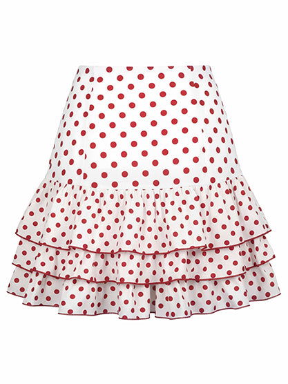 Mini-jupe rouge à pois rose 3D ourlet à volants des années 60