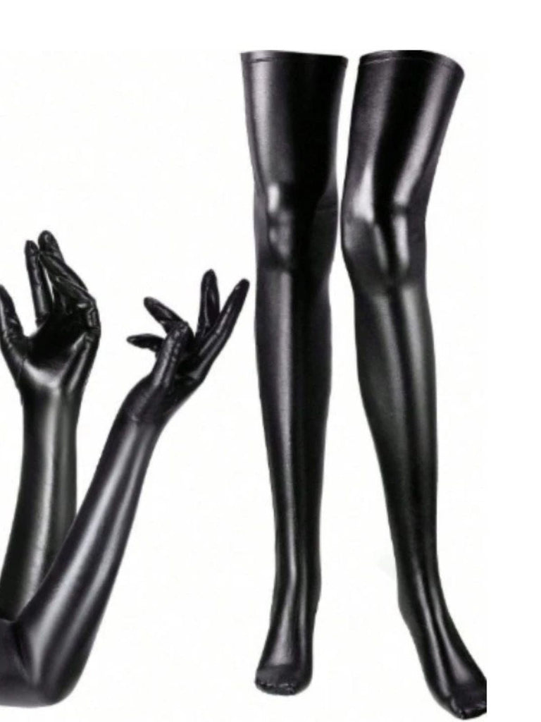 Ensemble de gants et de chaussettes hautes en cuir PU noir pour Halloween