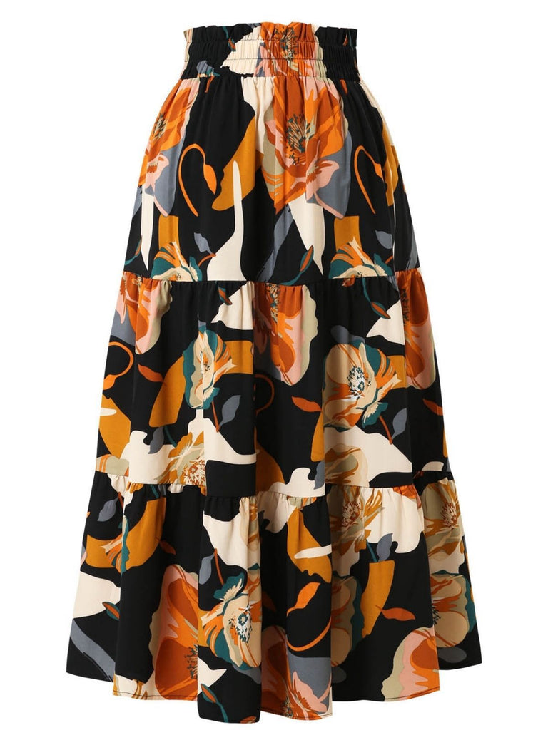 Jupe à volants style bohème à fleurs et nœud des années 1970