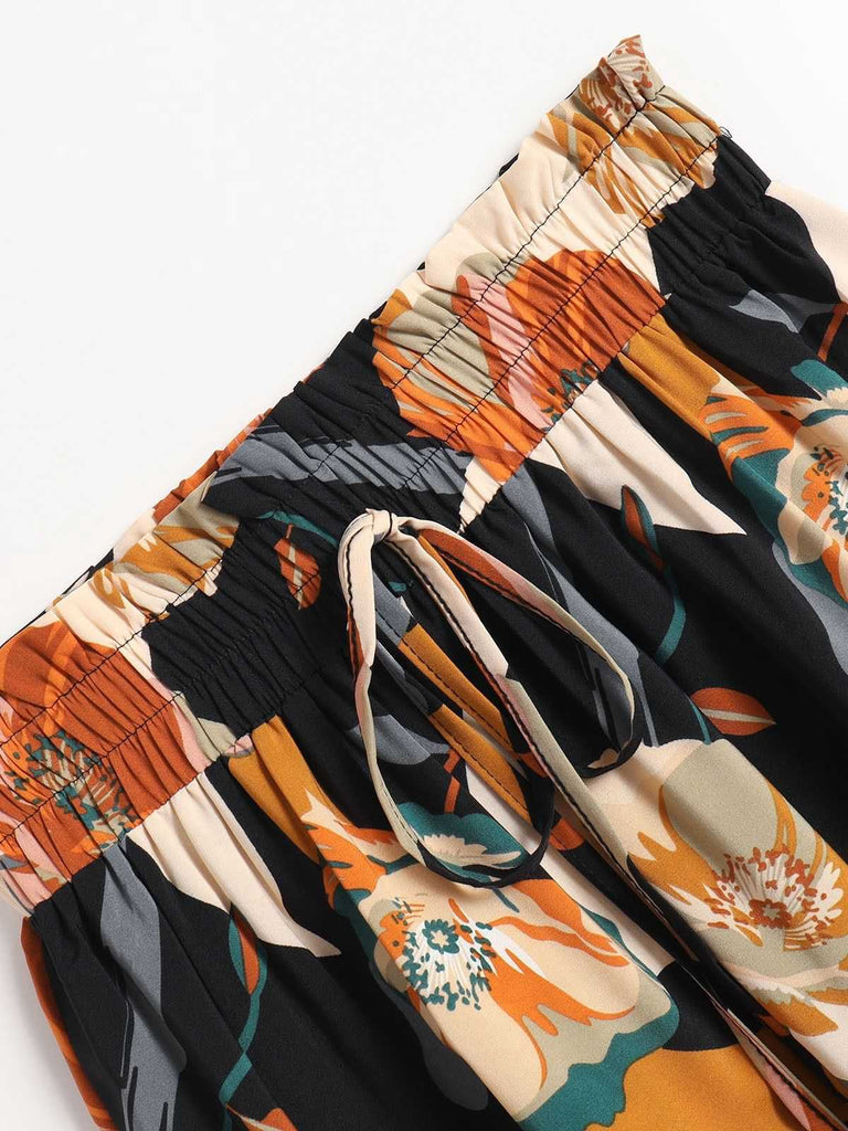 Jupe à volants style bohème à fleurs et nœud des années 1970