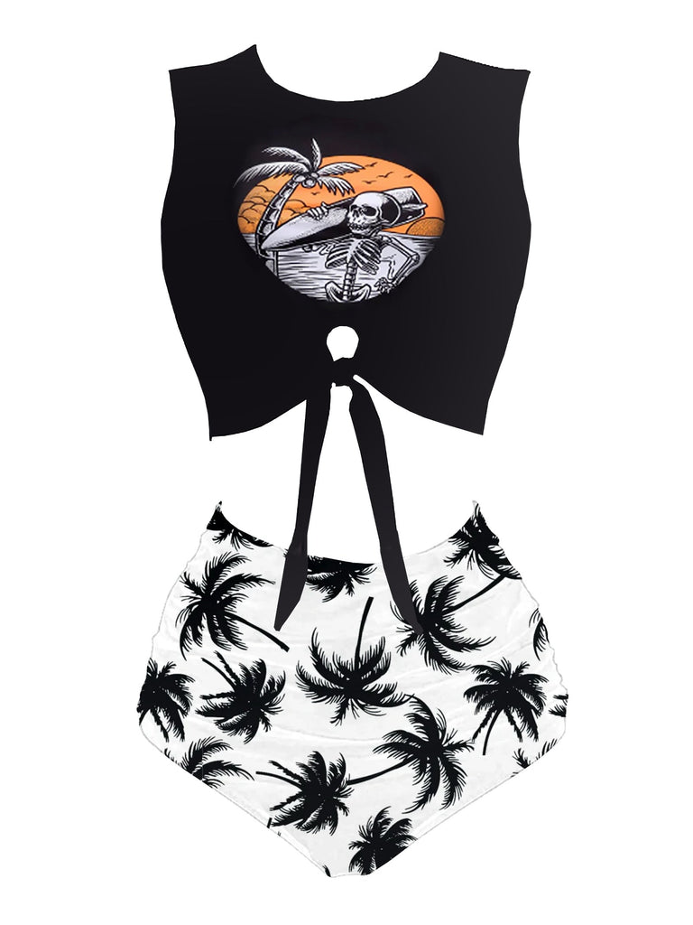 Ensemble tankini squelette de plage avec nœud sur le devant années 1980