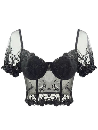 Haut corset en dentelle noir à manches bouffantes des années 1970