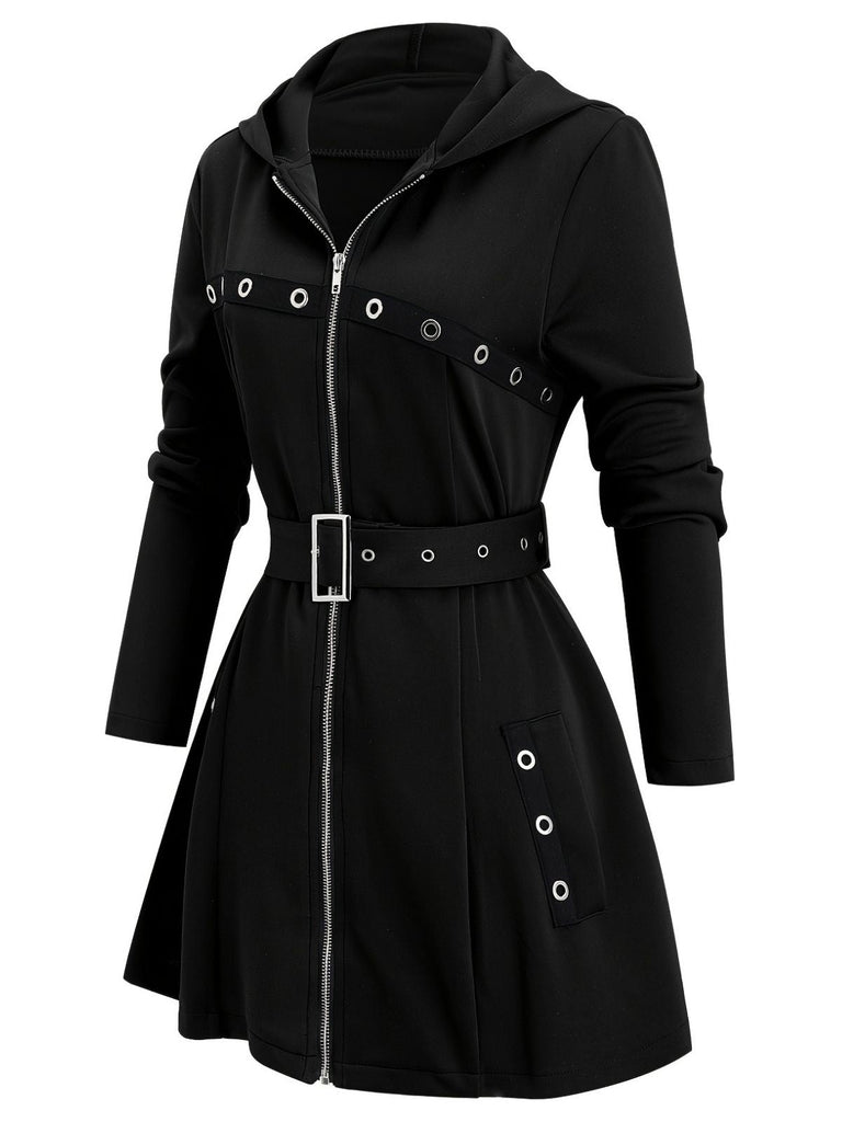 Veste midi punk à capuche et ceinture zippée années 1960