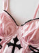 Camisole gothique en satin rose à lacets style croix des années 1970