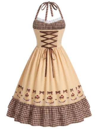[Prévente] Robe volants et nœud caramel motif vichy et encolure dos nu années 1950