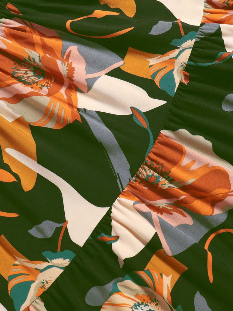 Jupe à volants style bohème à fleurs et nœud des années 1970