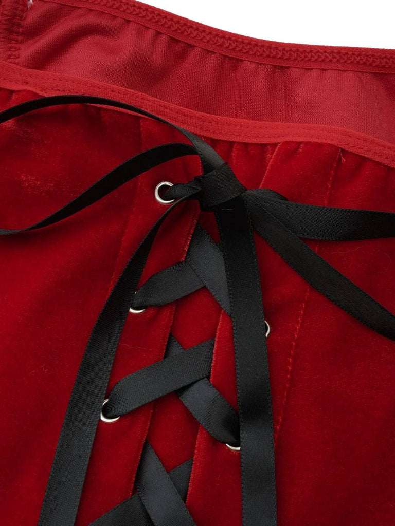 Robe rouge style Père Noël sans bretelles à lacets en peluche des années 1970