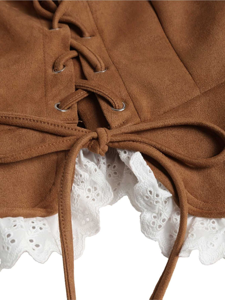 Haut corset en daim marron à lacets des années 1950
