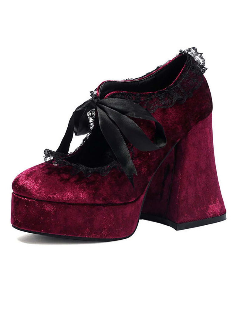 Escarpins à talons épais en velours rose avec nœud en dentelle
