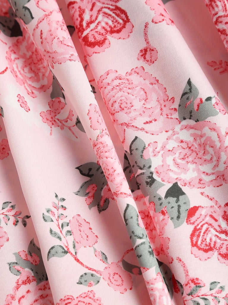 [Grande taille] Robe fleurie rose à col carré des années 1950