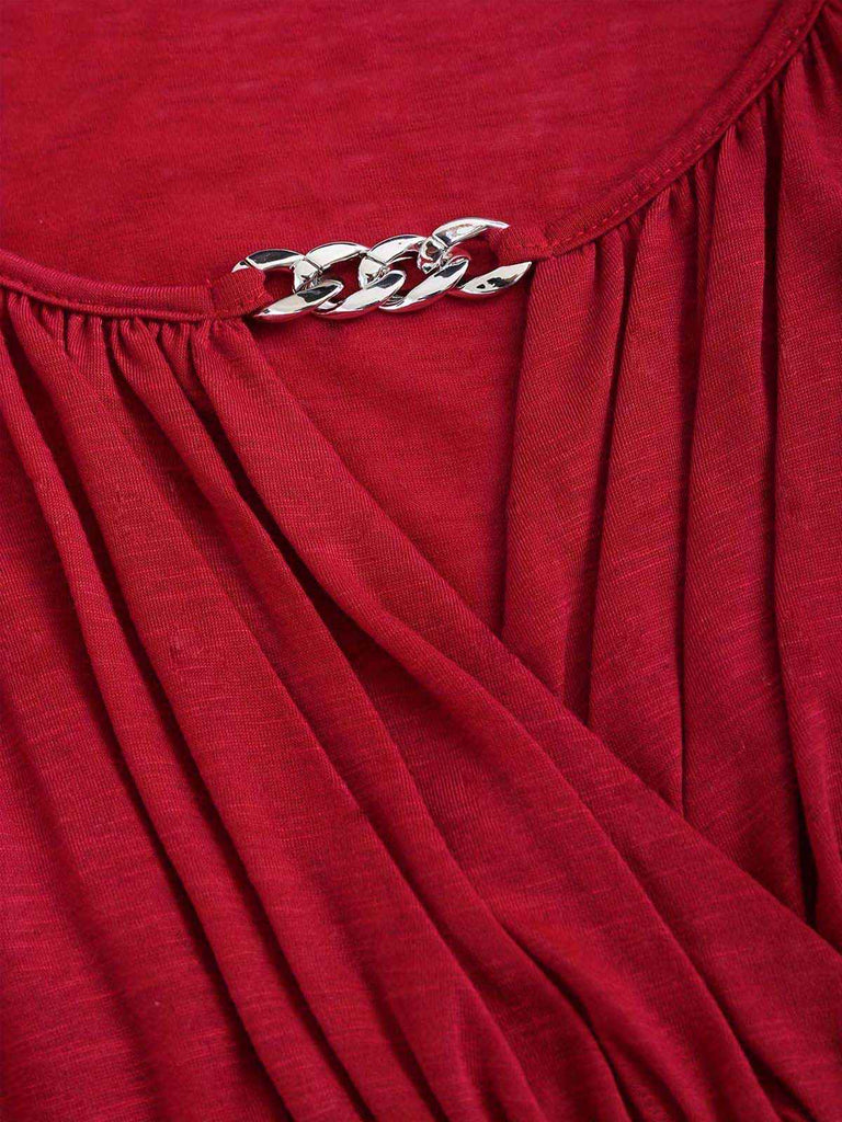 [Grande taille] Haut à volants et manches chauve-souris rouge foncé des années 1970