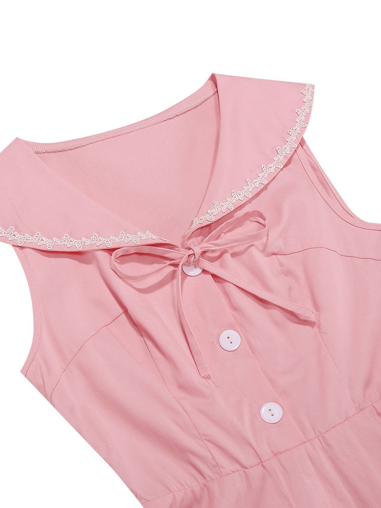 Robe sans manches col marin et nœud papillon couleur unie années 1950