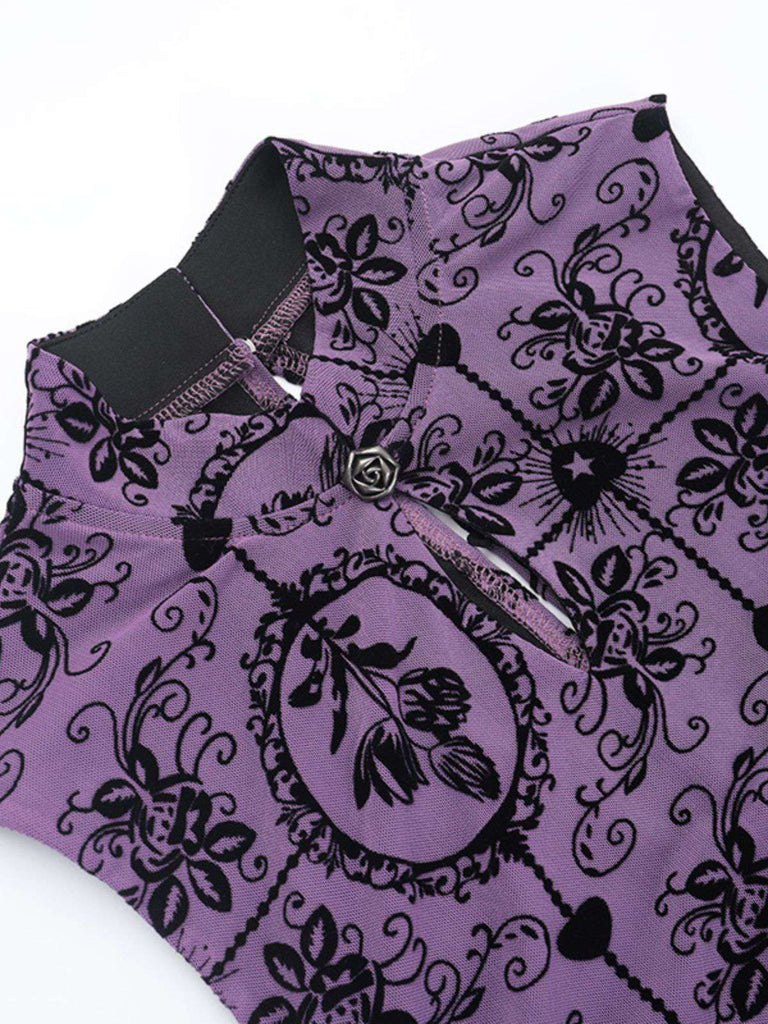 Robe néo-chinoise violette floquée de roses années 1930