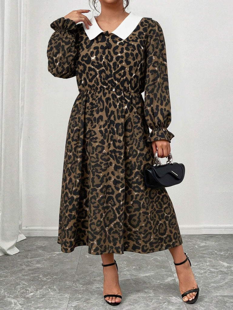 [Grande taille] Robe léopard à manches longues à revers années 1970