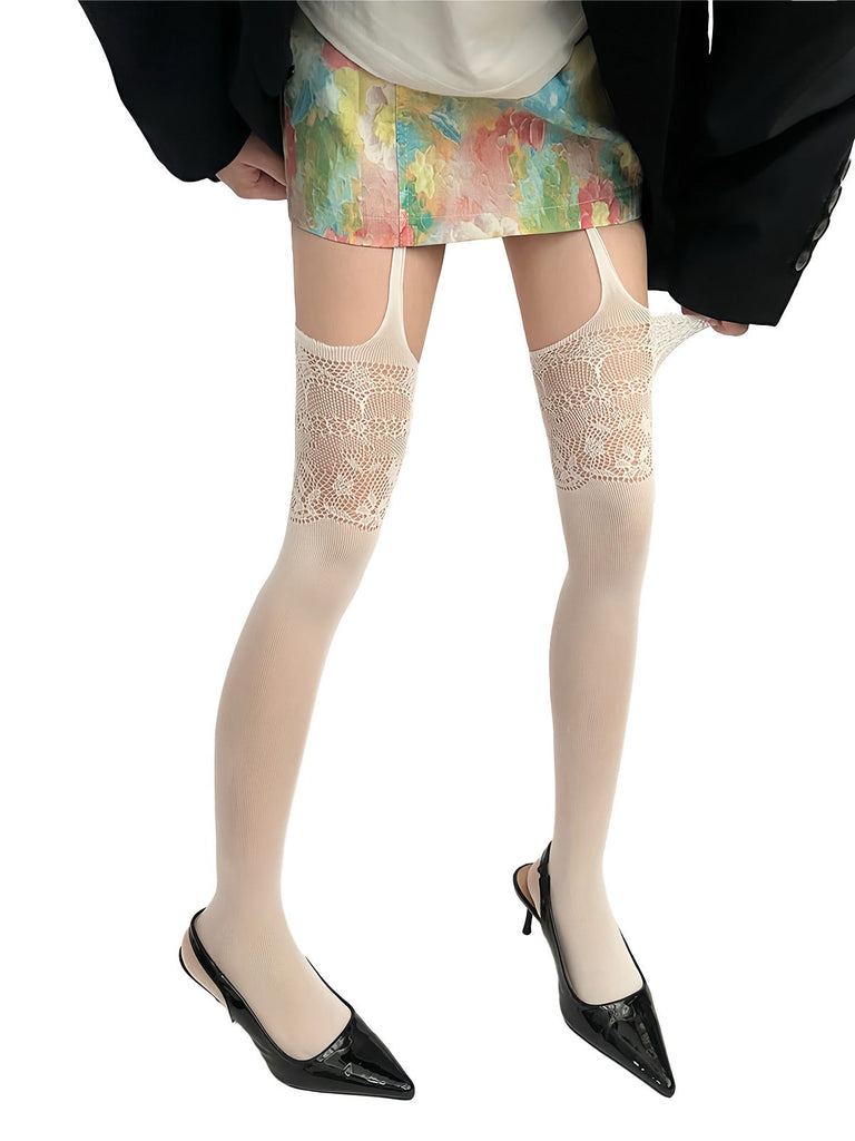 Collants porte-jarretelles vintage en dentelle unie
