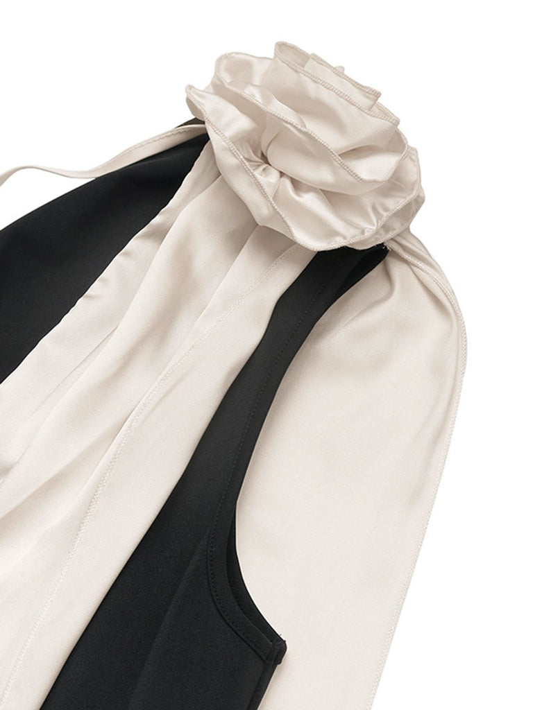 Robe cape roses 3D à col en V colorblock années 1930