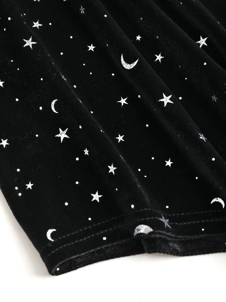 [Grande taille] Robe noire en velours col en V motif étoiles des années 1960