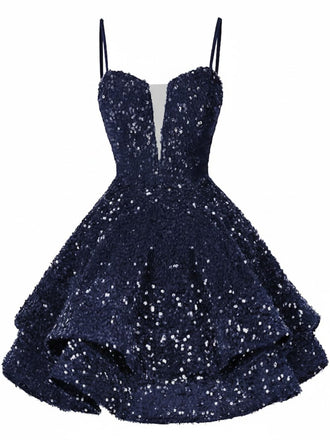 Robe de soirée bleu à paillettes décolleté en V profond et lacets années 1950