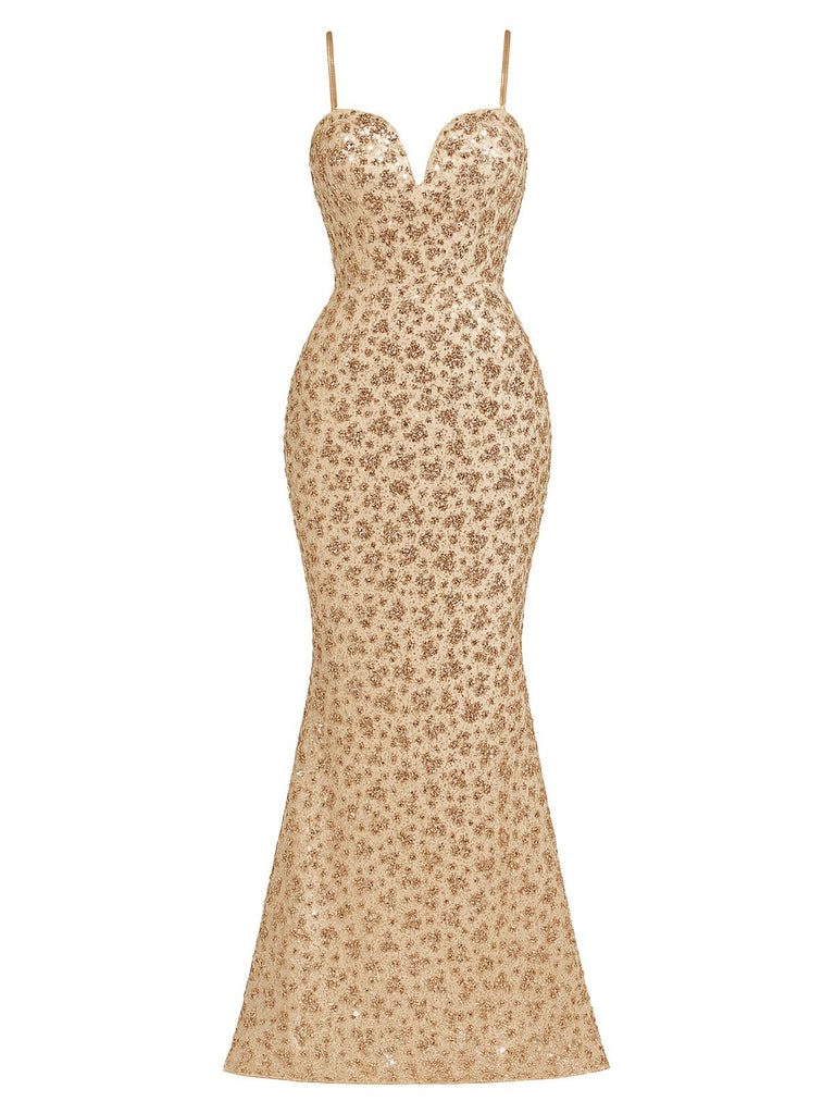 Robe de soirée dos nu sequins couleur champagne années 1930