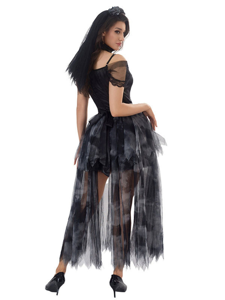 Robe noire en tulle mariée fantôme Halloween années 1970
