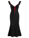 Robe sirène noire en tricot à volants et col en V des années 1930