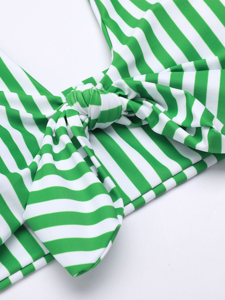 Maillot de bain vert à rayures col v dos nu rétro