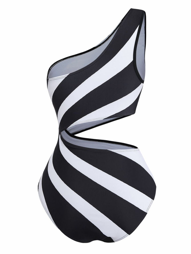 Maillot de Bain One-Shoulder Zebra Imprimé Découpé Une Pièce Années 1960 2