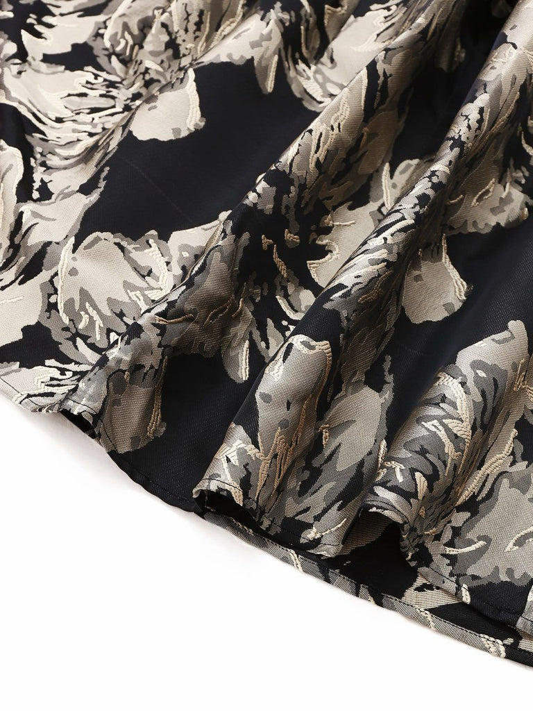 Robe noire à fleurs en jacquard avec ceinture années 1950