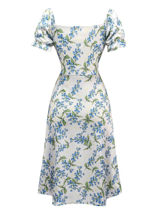 Robe verte et bleu à nœud papillon fleuri des années 1940