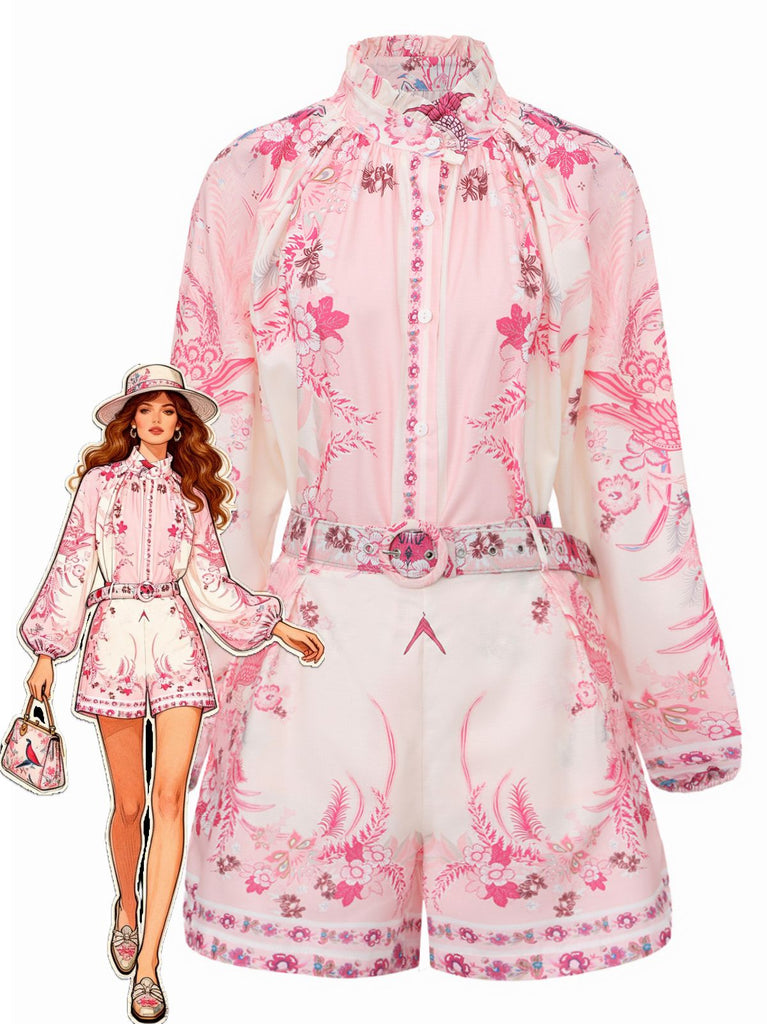 2PCS Chemisier fleuri bohème rose et short taille haute années 1970
