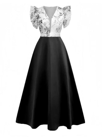 Robe à fleurs et manches volantées à col V années 1930