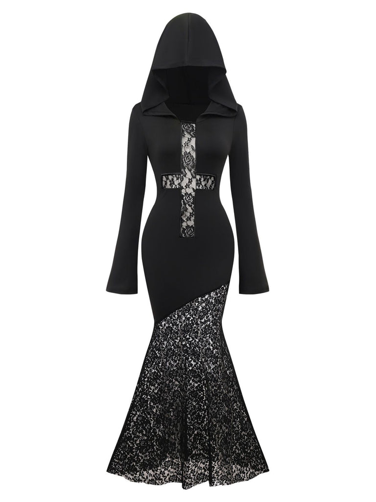 Robe sirène noire à capuche croisée en dentelle style gothique des années 1970