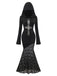Robe sirène noire à capuche croisée en dentelle style gothique des années 1970