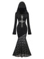 Robe sirène noire à capuche croisée en dentelle style gothique des années 1970