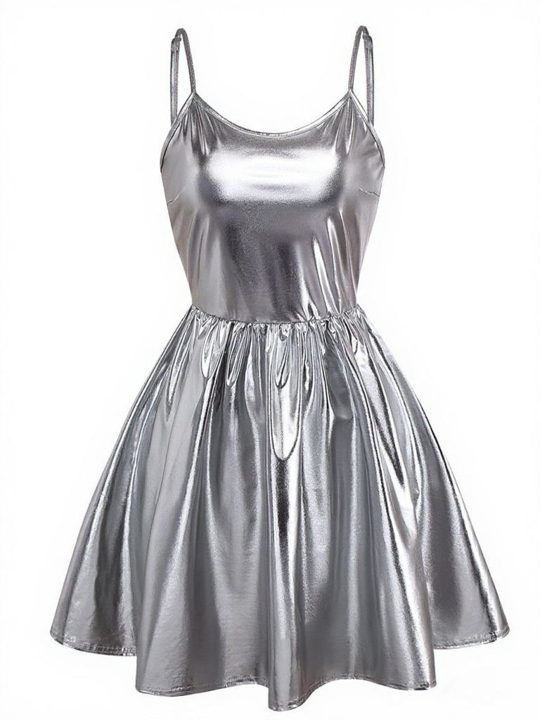 Robe de soirée à fines bretelles métallisées années 1980
