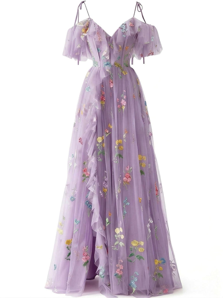 Robe Bleue fendue en tulle fleurs années 1970