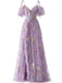 Robe Bleue fendue en tulle fleurs années 1970