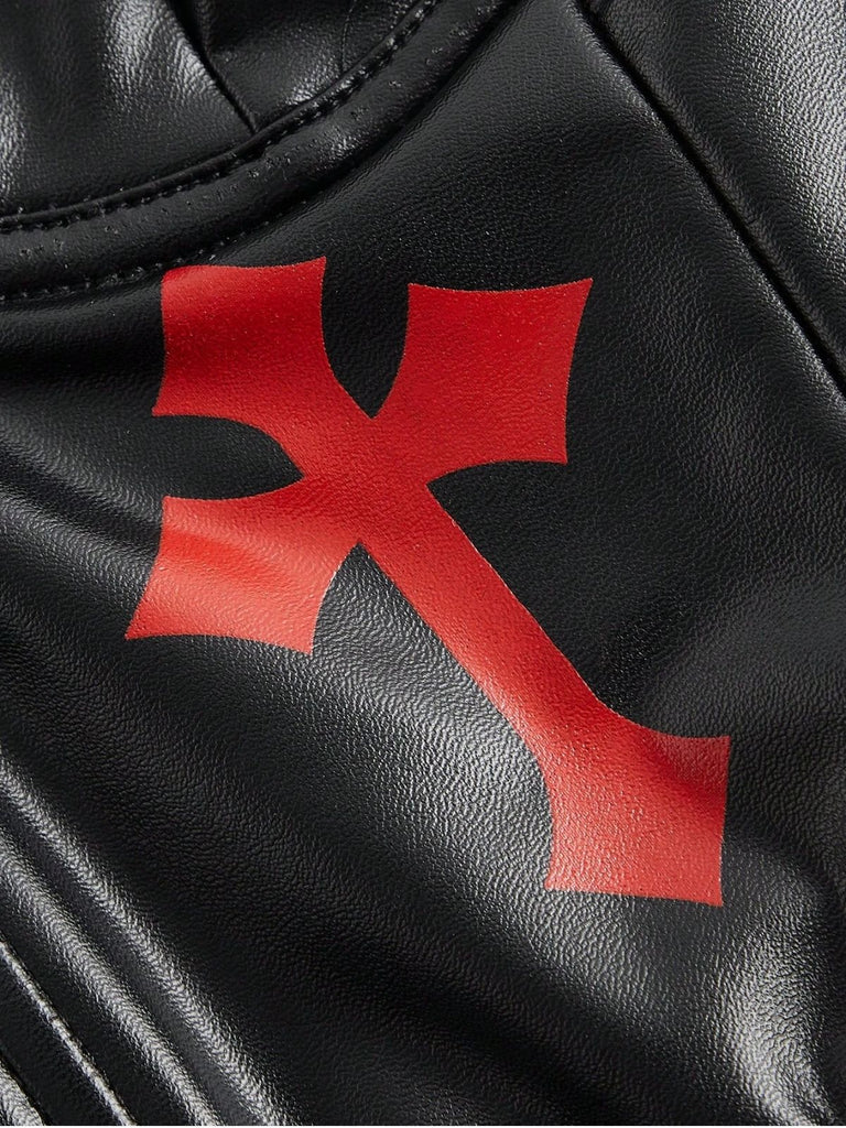 Haut caraco noir en similicuir à motif croix gothique des années 1970