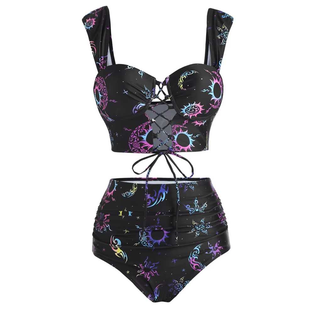 Ensemble bikini à lacets noir imprimé univers Tarot années 1980