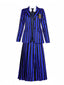 Ensemble d'uniforme bleu rayé de Wednesday Addams des années 1940