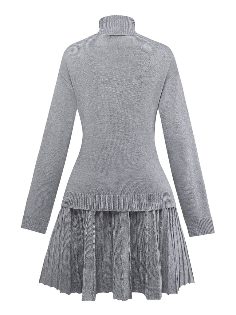 2PCS Pull à col roulé en maille et jupe plissée années 1960