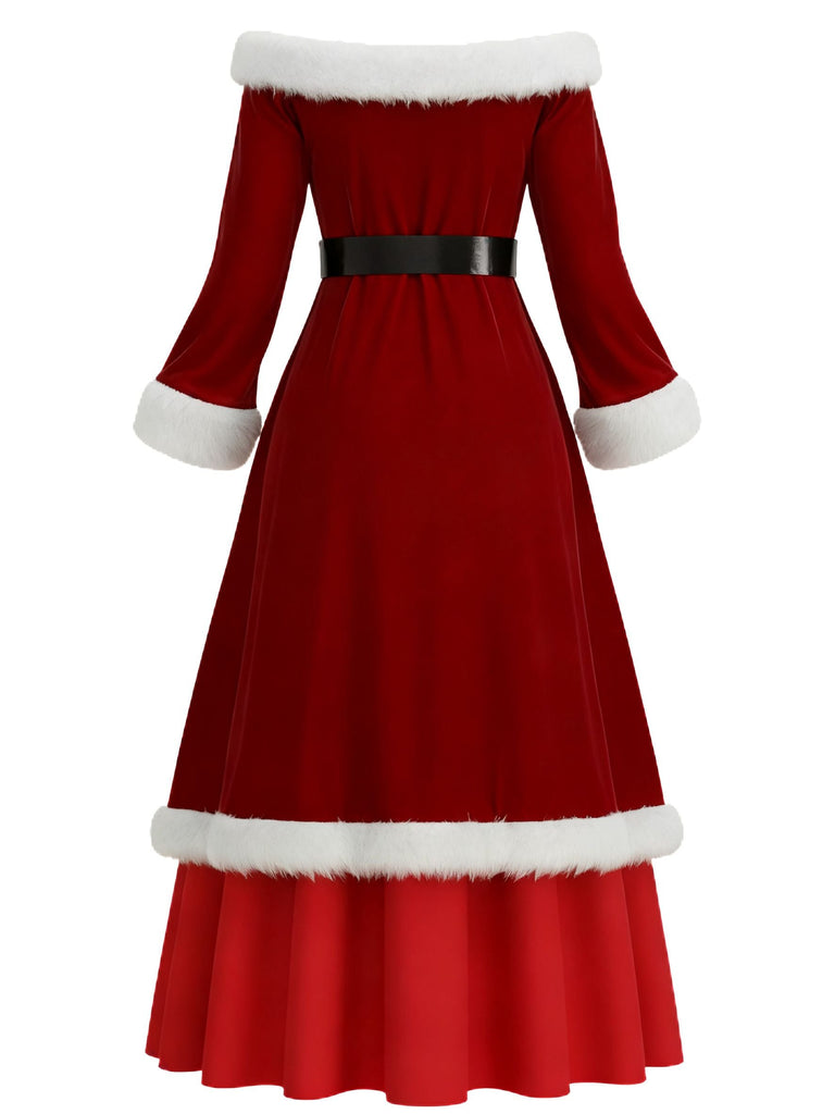 Robe de Noël rouge en velours et fausse fourrure des années 1930