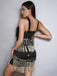 Robe de cocktail noire à bretelles franges et sequins années 1920
